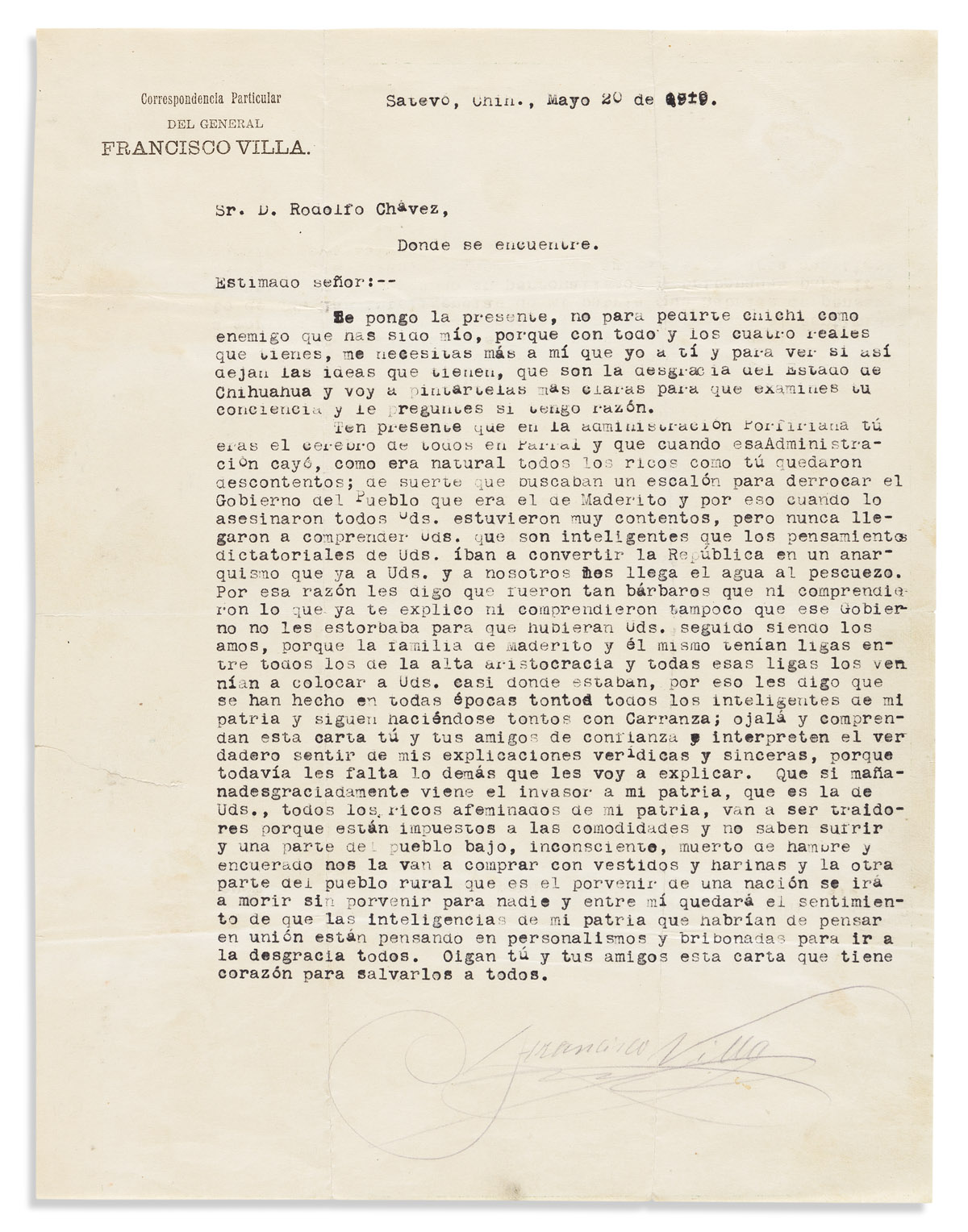VILLA, FRANCISCO (PANCHO). Typed Letter Signed, in pencil, to Rodolfo Chávez, in Spanish,